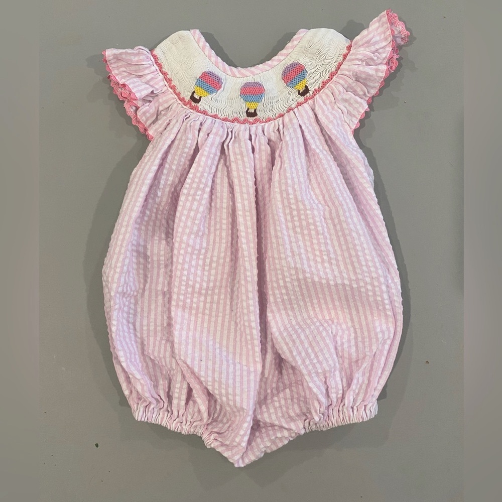 The Smocking Place girl smocked hot air balloons pink gingham bubble 12M